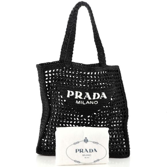 Prada Triangle Logo Open Tote Raffia Black - Picture 2 of 7